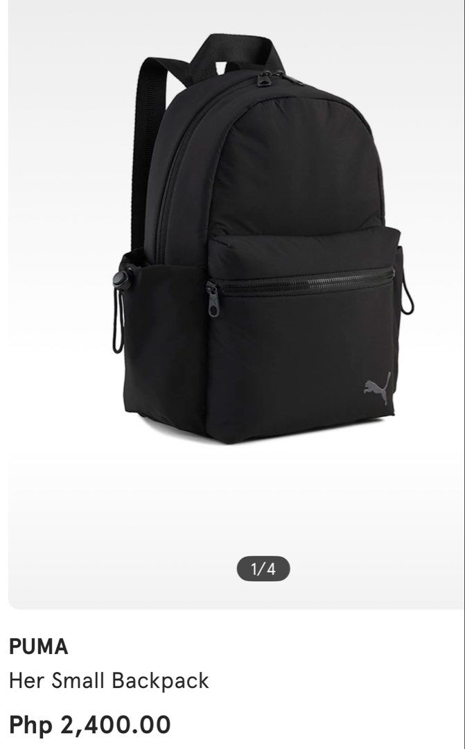 PUMA Her Small Backpack Black (Category: Backpacks) located in Manila. Submitted by costephm (Listing ID 1467069401, Image 1). Description: - Brand new with original tags attached - Color: Sleek solid black with subtle Puma logo - Size: Compact, ideal for daily commutes and casual lakwatsas - Features: Front zippered pocket, sturdy top handle, and adjustable shoulder straps - Condition: 100% clean and never used - retails for 2,400 (zalora) - BDO