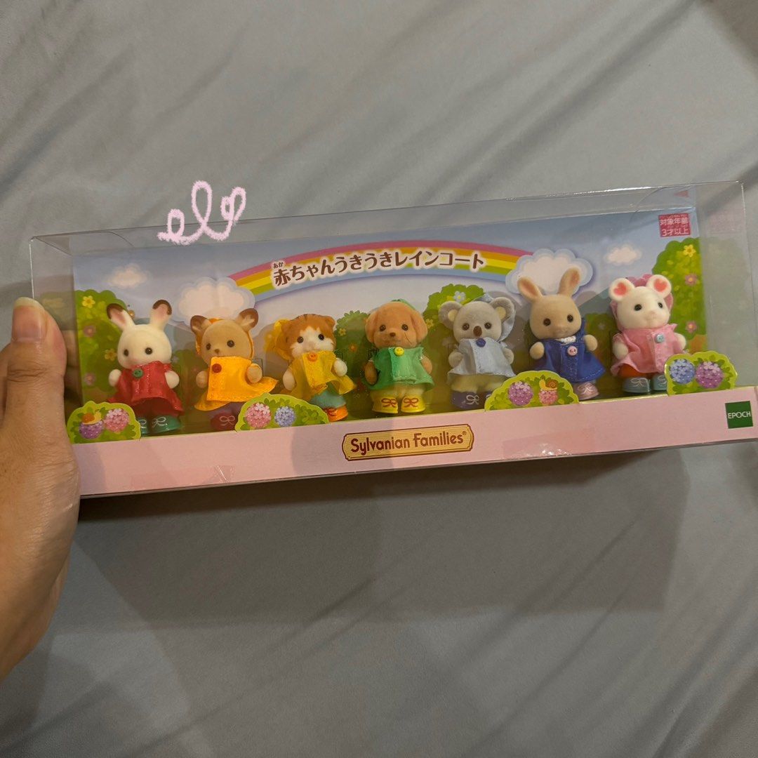 raincoat babies sylvanian families sealed (Category: Figurines & Statues) located in Quezon City. Submitted by ele4sha (Listing ID 1466977861, Image 3). Description: sold as set only, no tingi mint box, mint figures rfs: still need to pay my baby's bills :[ mod: meet up, lalamove, j&t mop: gcash, maribank no haggling pls </3.