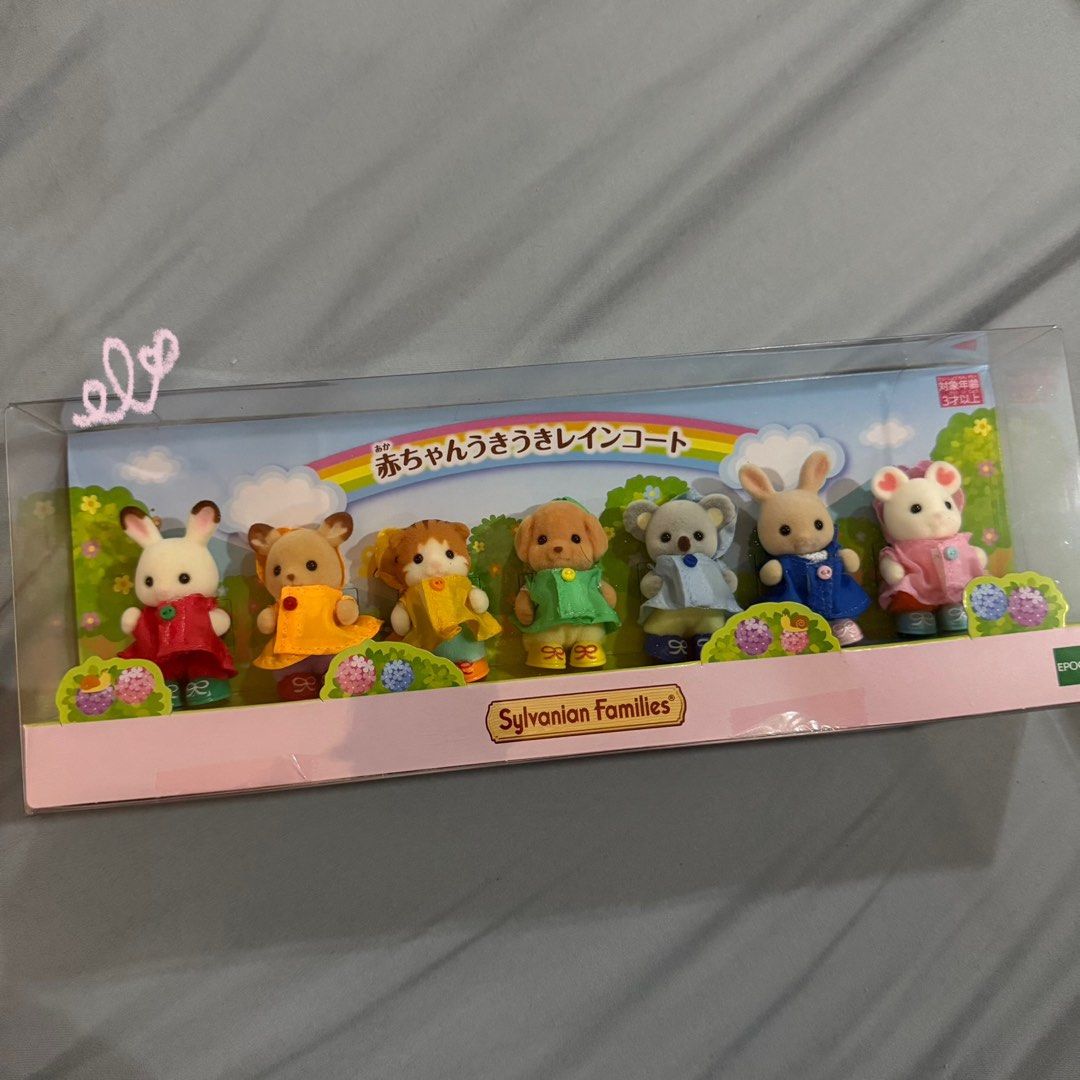 raincoat babies sylvanian families sealed (Category: Figurines & Statues) located in Quezon City. Submitted by ele4sha (Listing ID 1466977861, Image 1). Description: sold as set only, no tingi mint box, mint figures rfs: still need to pay my baby's bills :[ mod: meet up, lalamove, j&t mop: gcash, maribank no haggling pls </3.