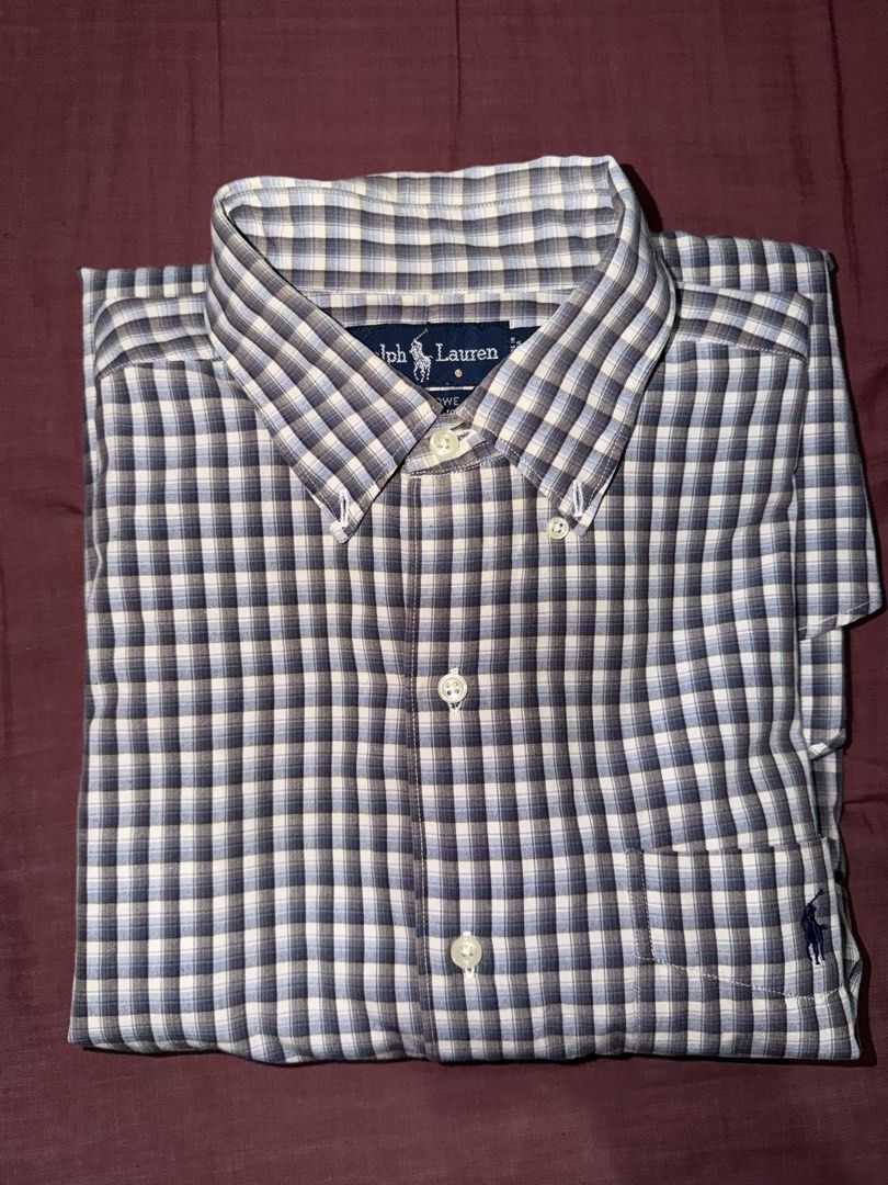 Ralph Lauren Marlowe Plaid Button-Up Shirt Medium (Category: Tshirts & Polo Shirts ) located in Manila. Submitted by chccj835237 (Listing ID 1466994673, Image 2). Description: - Brand: Ralph Lauren (Marlowe) - Style: Long sleeve button-up shirt with button-down collar - Pattern: Classic plaid (blue, grey, and white) - Details: Chest pocket with signature embroidered pony logo - Material: 100% cotton (Made in India) - Size: Medium (Standard fit) -
