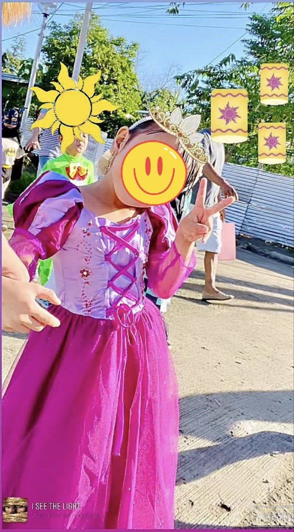 Rapunzel Costume 6-7 yo (Category: Babies & Kids Fashion) located in Catarman. Submitted by hyukissco (Listing ID 1467012153, Image 2). Description: Once used - English Month Gown-like. Slightly nego.