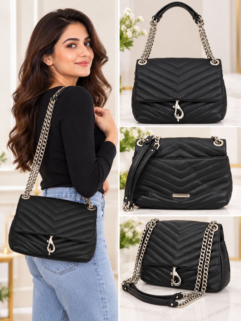 Rebecca Minkoff Small Shoulder Bag (Category: Shoulder Bags) located in Basud. Submitted by ClaireLavin (Listing ID 1467065122, Image 1). Description: A chic and elegant black quilted shoulder bag, perfect for adding a touch of sophistication to any outfit. Features a stylish V-shaped chevron quilted design, a front flap closure with a silver-tone hook-shaped clasp, and silver-tone chain straps with black shoulder sections for comfortable carryin