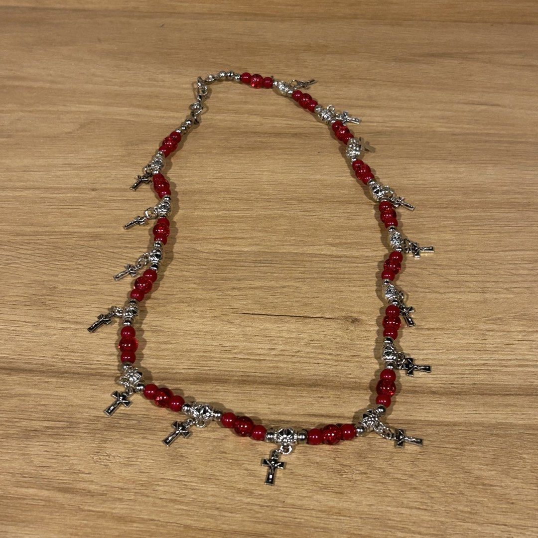 red cross bead necklace (Category: Necklaces) located in Manila. Submitted by sophialeigh (Listing ID 1467163493, Image 2). Description: - handmade - length can be adjusted 🏷️ alt goth punk grunge y2k vkei accessories jewelry .