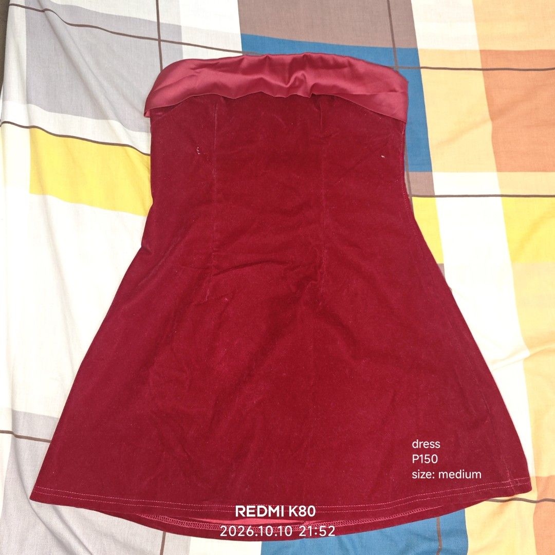 Red Velvet Strapless Dress Medium (Category: Evening dresses & gowns) located in Manila. Submitted by emailmeonj79332 (Listing ID 1467154822, Image 1). Description: - Style: Red velvet strapless dress - Size: Medium - Material: Soft velvet fabric with elegant satin trim along the top edge - Fit: A-line flare cut with a simple slip-on design - Condition: Excellent, ready to wear for your next special occasion!.