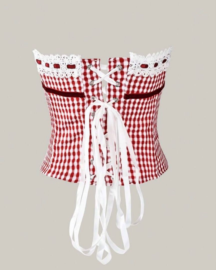Red White Gingham Corset Top Lace Ribbon Bow (Category: Sleeveless) located in Caloocan City. Submitted by zaramndz (Listing ID 1467124429, Image 2). Description: - Style: Strapless corset top with a cropped cut and pointed hemline - Design: Red and white gingham pattern with delicate white lace trim - Details: Dark red velvet ribbon bow in front and adjustable lace-up back closure with metal eyelets - Aesthetic: Perfect for cottagecore, coquette