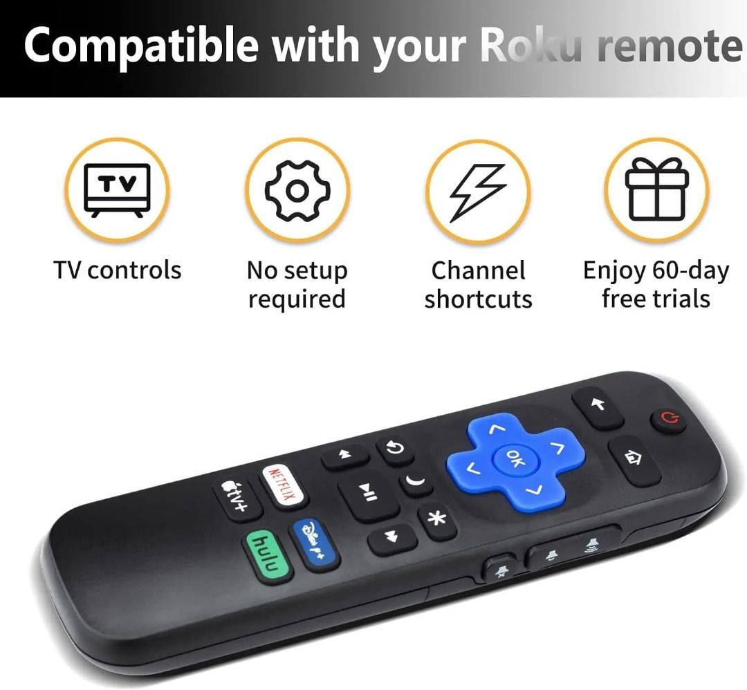Roku Remote Control (Category: TV Parts & Accessories) located in Manila. Submitted by ishop.ishop (Listing ID 1467073414, Image 3). Description: - Replacement remote made exclusively for Roku TV models - Ready to use: No setup or programming required - Quick access buttons for Netflix, Disney+, Apple TV+, and Hulu - Includes dRoku Remote Control Ito ay ginagamit para sa mga Smart TV na may built-in na Roku operating system gaya ng mga sumusunod 