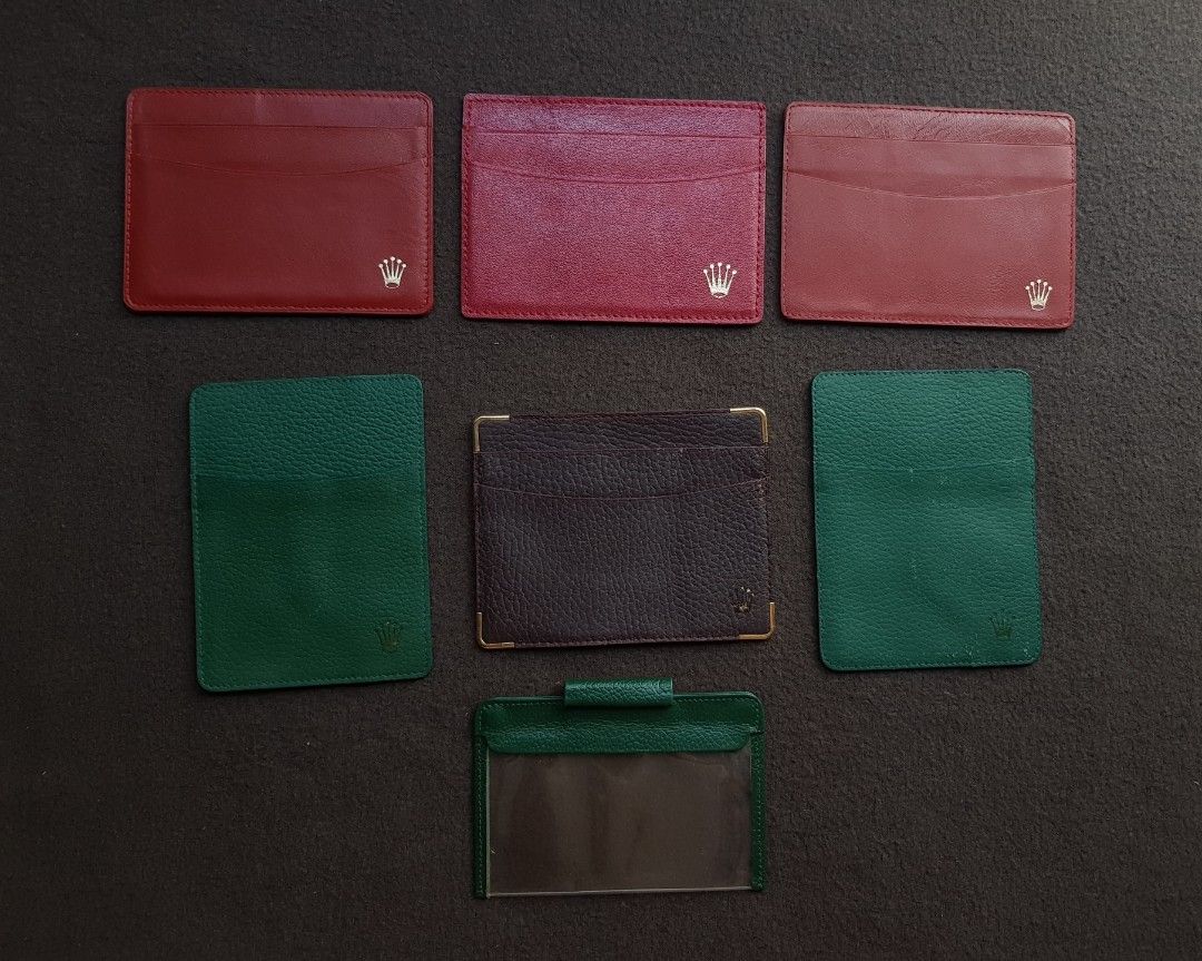 Rolex Leather Card & Document Holders (Category: Wallets & Card Holders) located in Manila. Submitted by trplxn (Listing ID 1467012393, Image 1). Description: - Rich red/burgundy with gold crown emblem - Classic green textured leather (2 pcs) - Dark brown with gold corner accents - Green ID-style holder with clear window - Classic teal & green leather card holders (3 pcs) - Red leather with gold corners (2 pcs) - Dark brown with gold trim - Vinta