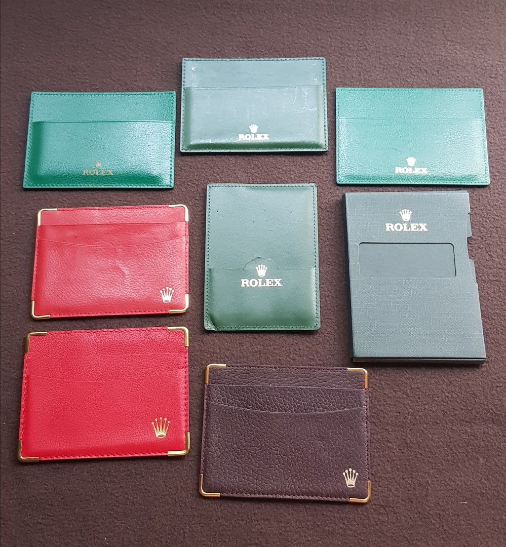 Rolex Leather Card & Document Holders (Category: Wallets & Card Holders) located in Manila. Submitted by trplxn (Listing ID 1467012393, Image 2). Description: - Rich red/burgundy with gold crown emblem - Classic green textured leather (2 pcs) - Dark brown with gold corner accents - Green ID-style holder with clear window - Classic teal & green leather card holders (3 pcs) - Red leather with gold corners (2 pcs) - Dark brown with gold trim - Vinta