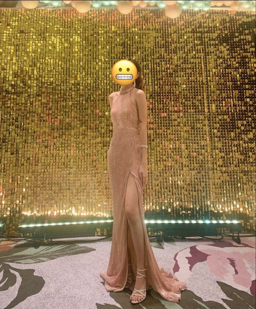 Rose Gold Sequin Halter Dress (Category: Evening dresses & gowns) located in Manila. Submitted by elairdll (Listing ID 1467081206, Image 3). Description: Used once only. Size S. RFS: Decluttering 📍Dasma Cavite/Las Piñas area. SF c/o buyer..