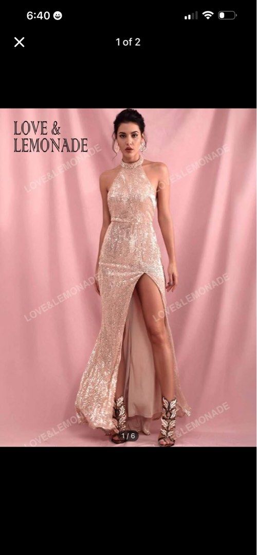 Rose Gold Sequin Halter Dress (Category: Evening dresses & gowns) located in Manila. Submitted by elairdll (Listing ID 1467081206, Image 1). Description: Used once only. Size S. RFS: Decluttering 📍Dasma Cavite/Las Piñas area. SF c/o buyer..