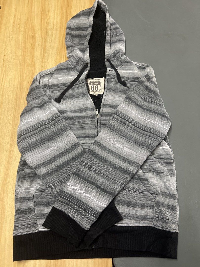 Gray Jacket (Category: Coats, Jackets and Outerwear) located in Bulacan. Submitted by Domozz (Listing ID 1467042257, Image 2). Description: - Brand/Style: Route 66 gray and white striped zip-up hoodie - Lining: Soft black fleece inside the hood and body for extra warmth - Large to XL .
