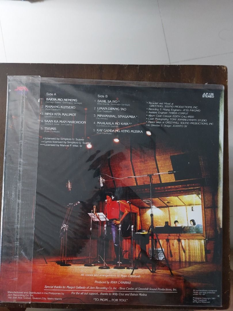 Ryan Cayabyab ONE Vinyl LP Record (Category: Vinyls) located in Quezon City. Submitted by safefish_95f205 (Listing ID 1467030112, Image 2). Description: - Rare Ryan Cayabyab ONE vinyl record (JLP-126 stereo pressing by Jem Recording Co.) - Features amazing 16-voice a cappella OPM tracks including Bakya Mo Neneng and Dahil Sa - Perfect addition to any OPM vinyl collection.