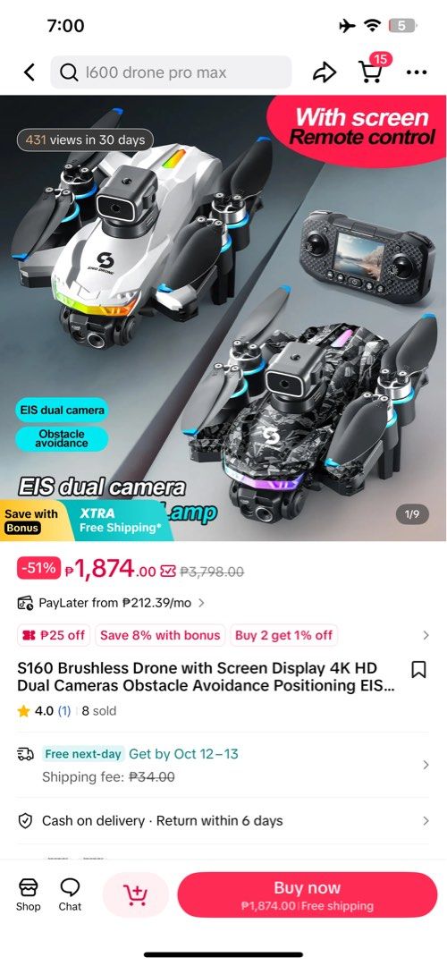 S160 DRONE (Category: Drones) located in Lipa City. Submitted by vtech47631 (Listing ID 1467084604, Image 2). Description: 1K NA LANG BAGONG BAGO PA MABISA PAGPRAKTISAN S160 DRONE TWICE USED ONLY 1900 NABILI SA TIKTOK Operation mode: Remote control/APP control Frequency: 2.4GHZ Channel: 4CH Charging method: Universal USB interface Battery capacity: 3.7V 2000mAH modular battery Flight time: 25-30 minutes Charging time: 60-80 minutes Remote control