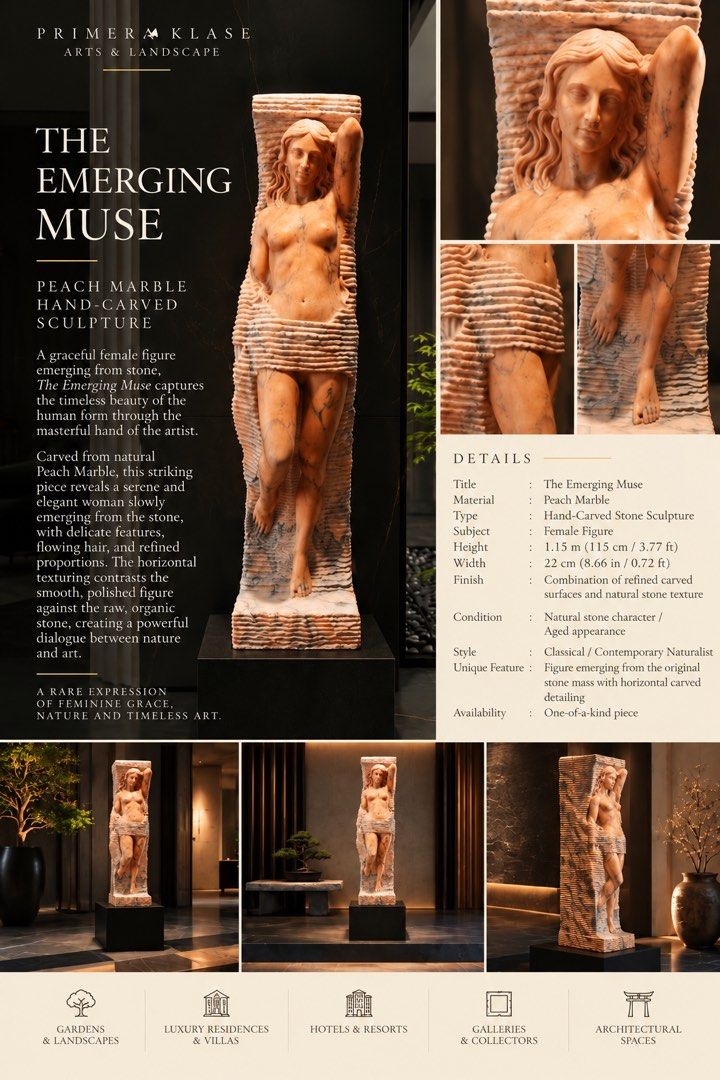 Salmon Marble Hand Carved Muse (Category: Vintage Collectibles) located in Taguig. Submitted by ivyzurc (Listing ID 1467151543, Image 1). Description: 📣 THE PEACH MARBLE MUSE Rare Large-Scale Hand-Carved Marble Sculpture A striking large-format female figure meticulously carved from warm peach-toned natural marble, distinguished by its beautiful salmon-peach coloration and organic dark mineral veining. The sculptor has created a dramatic three-d