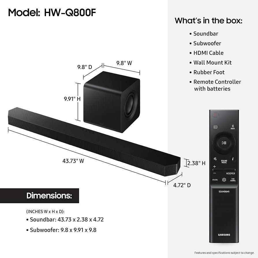 Samsung Q800F (Category: Entertainment Systems & Smart Home Devices) located in Makati City. Submitted by calmlion_f01580 (Listing ID 1467082210, Image 1). Description: Brand new Samsung Q800F soundbar w subwoofer. Never opened and still in box. .