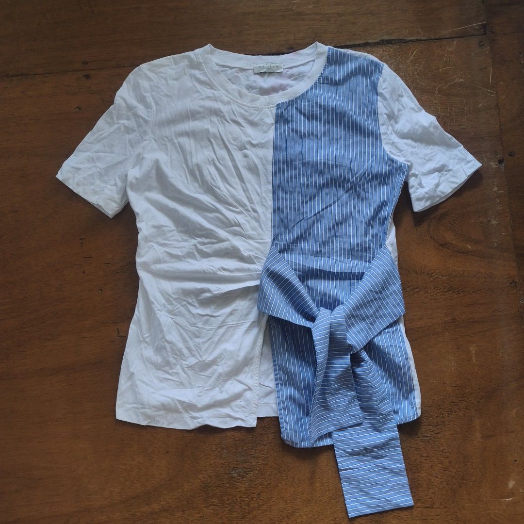 Sandro Paris blouse (Category: Luxury Apparel) located in Tayabas. Submitted by cat.b0i (Listing ID 1467081929, Image 1). Description: Size on tag: Fitting: Men - S Women - M ‎Length: 24 ‎Width: 18 ‎Shoulder: 15.5 ‎Arm Space: 7.5 ‎Sleeve Length: 9 ‎ ‎Color: White with blue Color Rate: 9.2 ‎Material: 100% cotton properties: ‎Issues: minor pills and lint on blue part ‎Condition: excellent.