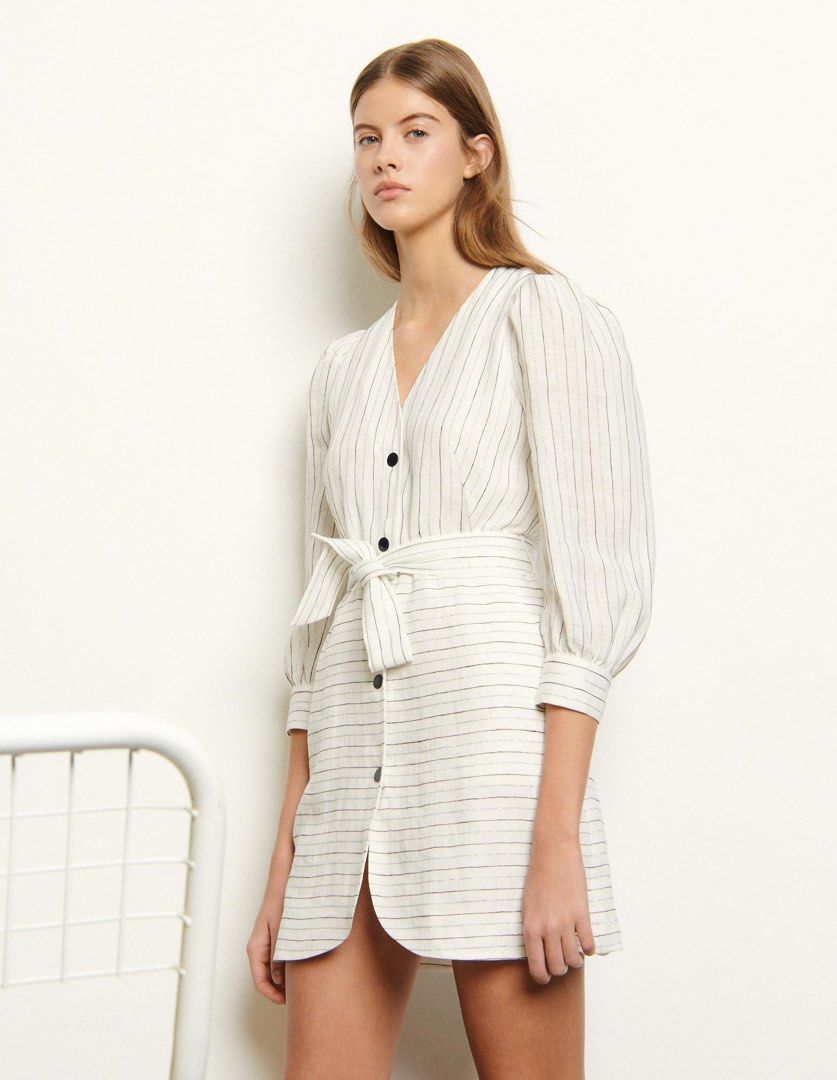 SANDRO SHORT DRESS WITH FINE STRIPES (Category: Dresses) located in Pasig City. Submitted by vetementsdemanila (Listing ID 1467085024, Image 2). Description: SANDRO SHORT DRESS WITH FINE STRIPES New without tags Size: 38 Linen Bust: 36 inches Waist: 30 inches Length: 34 inches P1980 PLUS SHIPPING.