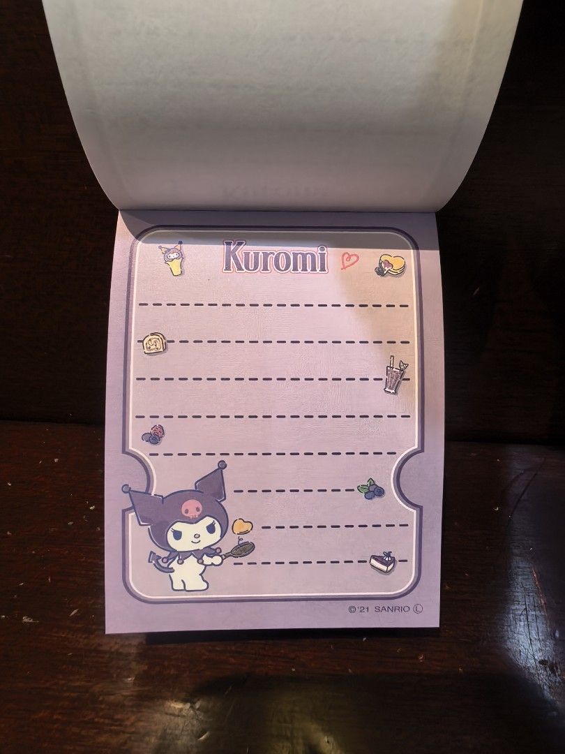 Sanrio Kuromi Mini Memo Pad (Category: Stationery & School Supplies) located in Manila. Submitted by maifabfinds (Listing ID 1467153191, Image 3). Description: Sanrio Kuromi memo pad with adorable character graphics and sweet treats. Includes lined interior pages and alternate striped patterned pages, all featuring cute Kuromi illustrations. Made in Japan. Compact size, great for journaling, notes, or planner decoration..