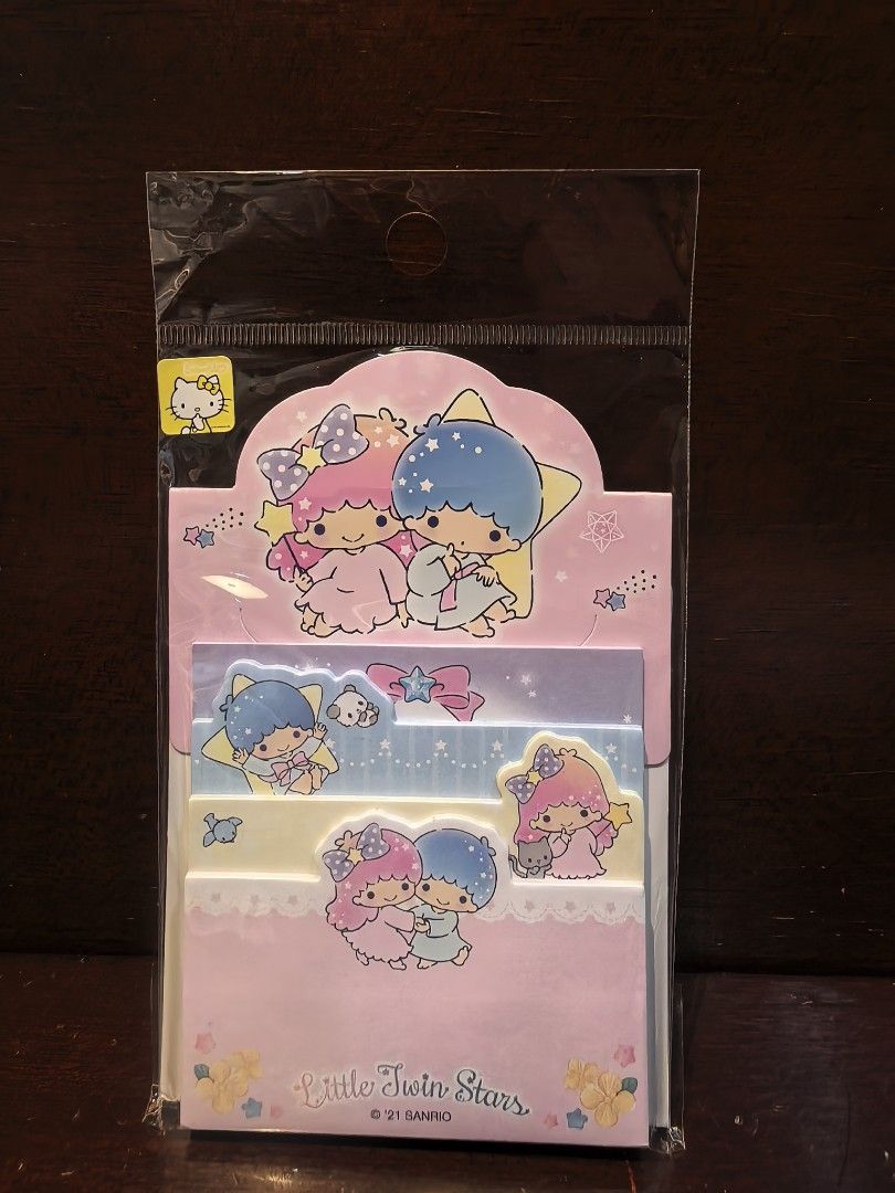 Sanrio Little Twin Stars Sticky Notes Notepad (Category: Stationery & School Supplies) located in Manila. Submitted by maifabfinds (Listing ID 1467152394, Image 1). Description: - Authentic Sanrio Little Twin Stars sticky notes set - Brand new, sealed in original plastic packaging - Includes multiple adorable pads with different Kiki and Lala designs - Perfect for journaling, school work, or office desk use - A must-have for Sanrio collectors and