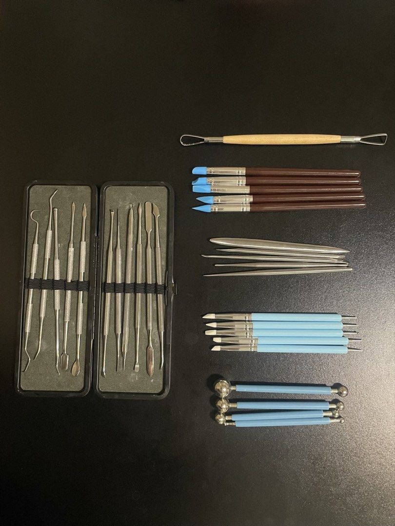 Sculpting Pottery Clay Tools (Category: Craft Supplies & Tools) located in Naga. Submitted by sidsaludes (Listing ID 1467082551, Image 1). Description: Hi, I'm selling this 26-piece Pottery and Polymer Clay Tool Set • Includes 10 metal double-ended carving tools with black case (Php 500) •5 blue-handled silicone tip brushes (Php 150) and 5 dark brown silicone brushes (Php 300) •5 pastel blue ball stylus dotting tools for detailing (Php 120) •1 wo