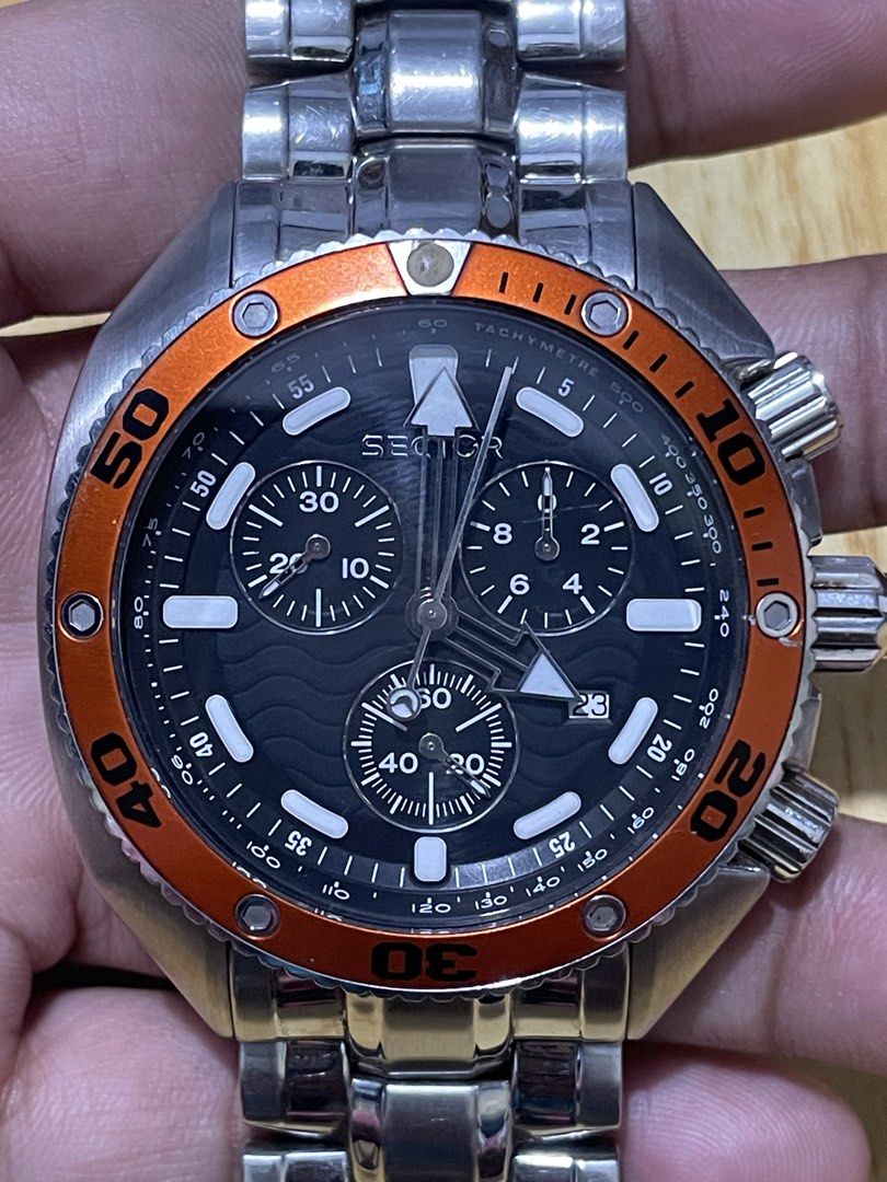 Sector Marine Ocean Master Chronograph (Category: Men's Watches) located in Taguig. Submitted by tester1x (Listing ID 1467050862, Image 3). Description: Sector Marine Ocean Master Chronograph Swiss Made Quartz 3253966025 - 51833 Stainless Steel Black Wave Dial Orange Bezel (Not Rotating) 44.5MM Sector Stainless Steel Bracelet 7inch wrist plus size.