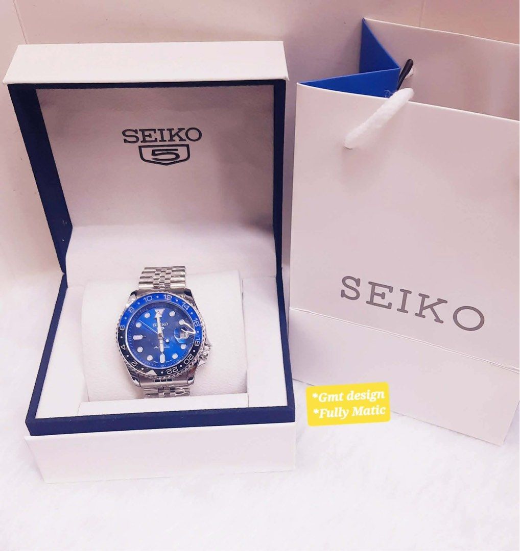 Seiko 5 Automatic Watch in Box with Bag (Category: Men's Watches) located in Las Pinas. Submitted by khallix596 (Listing ID 1467160317, Image 3). Description: - Automatic Seiko 5 movement with date display - Durable stainless steel construction - Available colors: Blue, Green, Black, and Red (GMT style) - Clean, classic design ideal for daily wear - Includes official display box and matching paper bag.