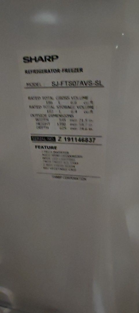 Sharp Refrigerator Freezer SJ-FTS07AVS-SL (Category: Refrigerators and Freezers) located in Manila. Submitted by ceanne5 (Listing ID 1467044343, Image 1). Description: - Model: Sharp SJ-FTS07AVS-SL (Serial No: Z191146837) - Capacity: 186L Gross / 182L Storage Volume - Dimensions: 545 mm (W) x 1,290 mm (H) x 625 mm (D) - Energy Saving: J-Tech Inverter technology for low electricity consumption - Freshness: Ag+ Nano Deodorizer keeps food odor-free 