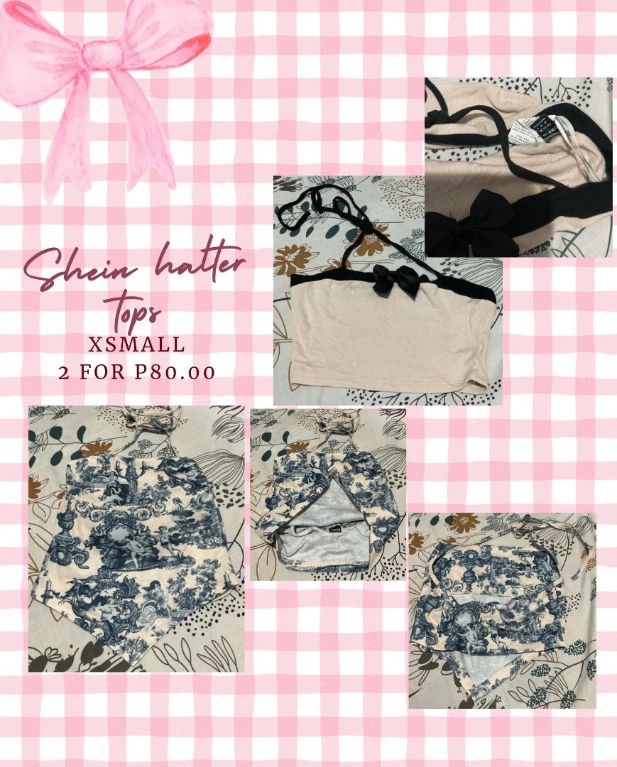 Shein Halter Tops XSMALL 2 for P80 (Category: Sleeveless) located in Caloocan City. Submitted by lovedbyavi (Listing ID 1467094499, Image 1). Description: - Set of 2 Shein halter tops (Size XS) - Top 1: Plain cream with a contrasting black halter strap and front bow - Top 2: Blue and white vintage toile/floral print with a trendy handkerchief hem - Lightweight, comfortable fabric - Cute cropped fit, perfect for everyday styling - Selling as a bun