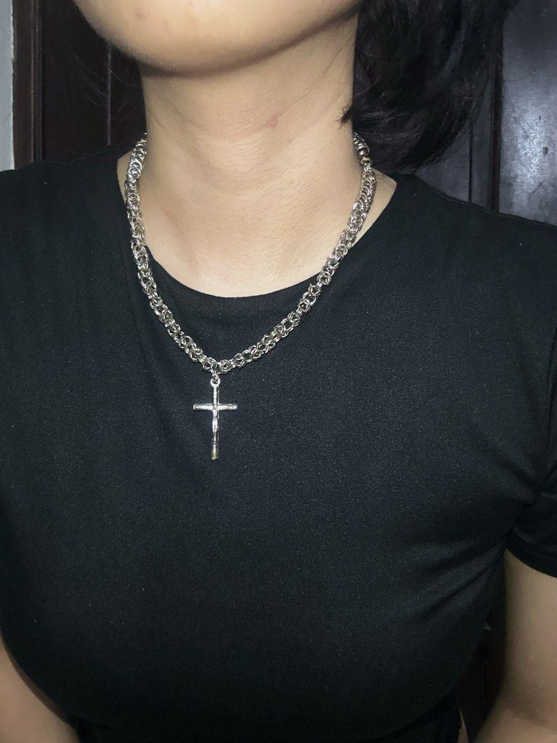 silver cross chainmail necklace (Category: Necklaces) located in Manila. Submitted by sophialeigh (Listing ID 1467163478, Image 2). Description: - handmade - stainless - length can be adjusted 🏷️ alt goth punk grunge y2k vkei accessories jewelry .