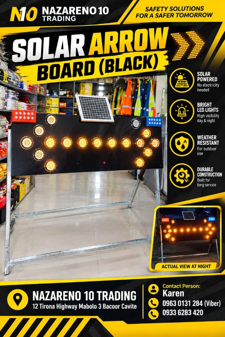 SOLAR ARROW BOARD DIREECTIONAL ARROW (Category: Looking For) located in Bacoor. Submitted by kajezame.2021 (Listing ID 1467008651, Image 1). Description: SOLAR ARROW BOARD DIREECTIONAL ARROW For More Details and Discount Contact Ms. Karen NAZARENO 10 TRADING 0963 0131 284 0933 6283 420 0956 7028 557 0933 8559 510 Landline: Look for Ms. Karen (046 ) 416 3920 Also available: • Traffic cone • Parking Block stopper • Hooded trash bin • Road Plastic B