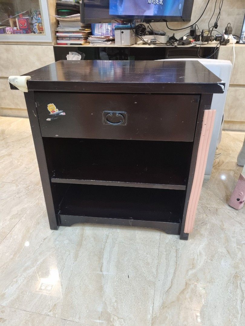 Solid wood bedside table (Category: Shelves, Cabinets & Racks) located in Singapore. Submitted by mumurabbit (Listing ID 1467086678, Image 1). Description: width 60cm depth 46.5cm height 60cm visible marks from corner protector there's a foam guard at the side good quality solid wood.