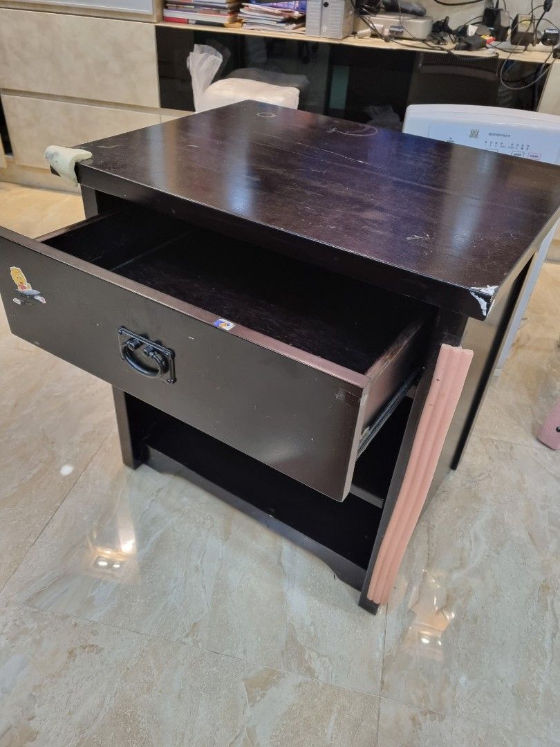 Solid wood bedside table (Category: Shelves, Cabinets & Racks) located in Singapore. Submitted by mumurabbit (Listing ID 1467086678, Image 2). Description: width 60cm depth 46.5cm height 60cm visible marks from corner protector there's a foam guard at the side good quality solid wood.