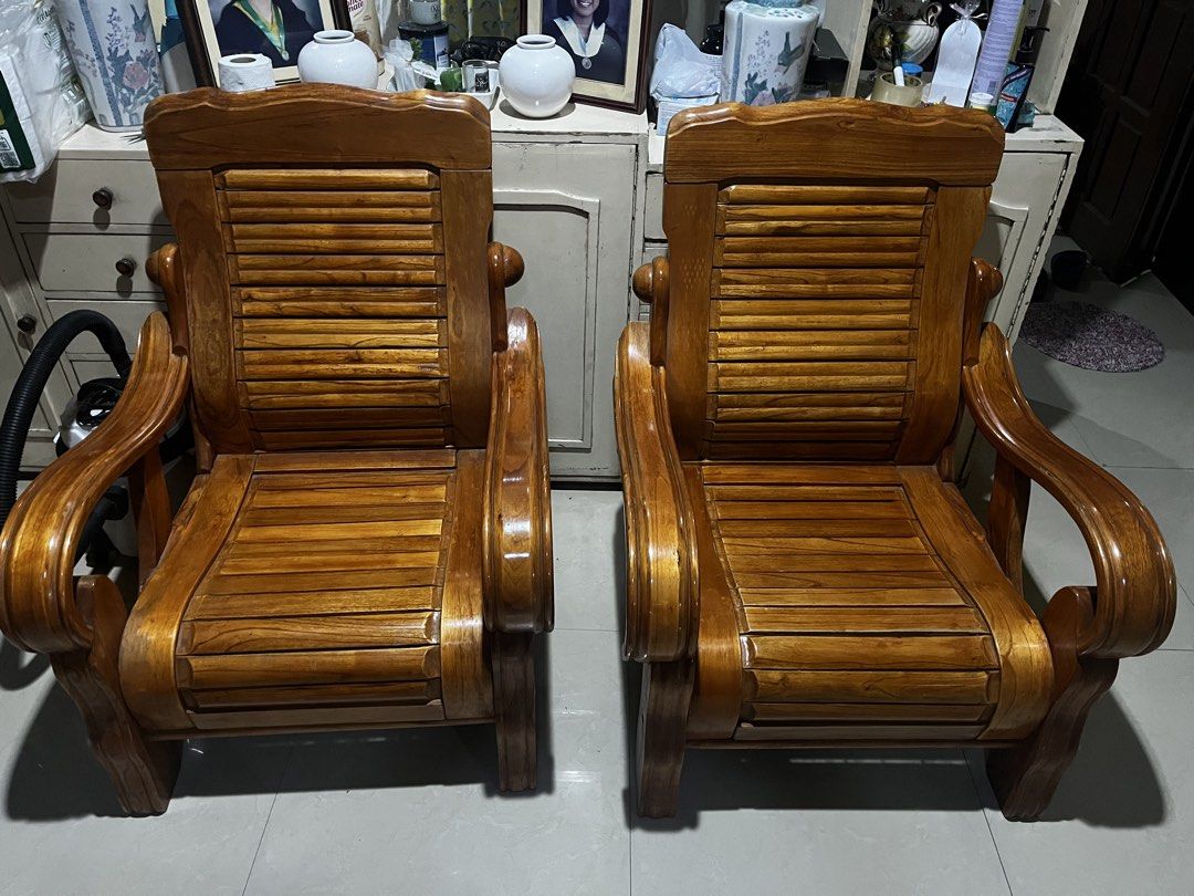 Solid Wooden Sofa Set 3-Seater and 2 Armchairs (Category: Sofas) located in Manila. Submitted by leagwen42 (Listing ID 1466995712, Image 2). Description: - Complete living room set: 1 three-seater sofa and 2 matching single armchairs - Beautiful warm brown wood grain finish with polished slats on backs and seats - Ergonomic curved armrests on all pieces for extra comfort - Sturdy and durable frame structure, ideal for living rooms or receiving ar
