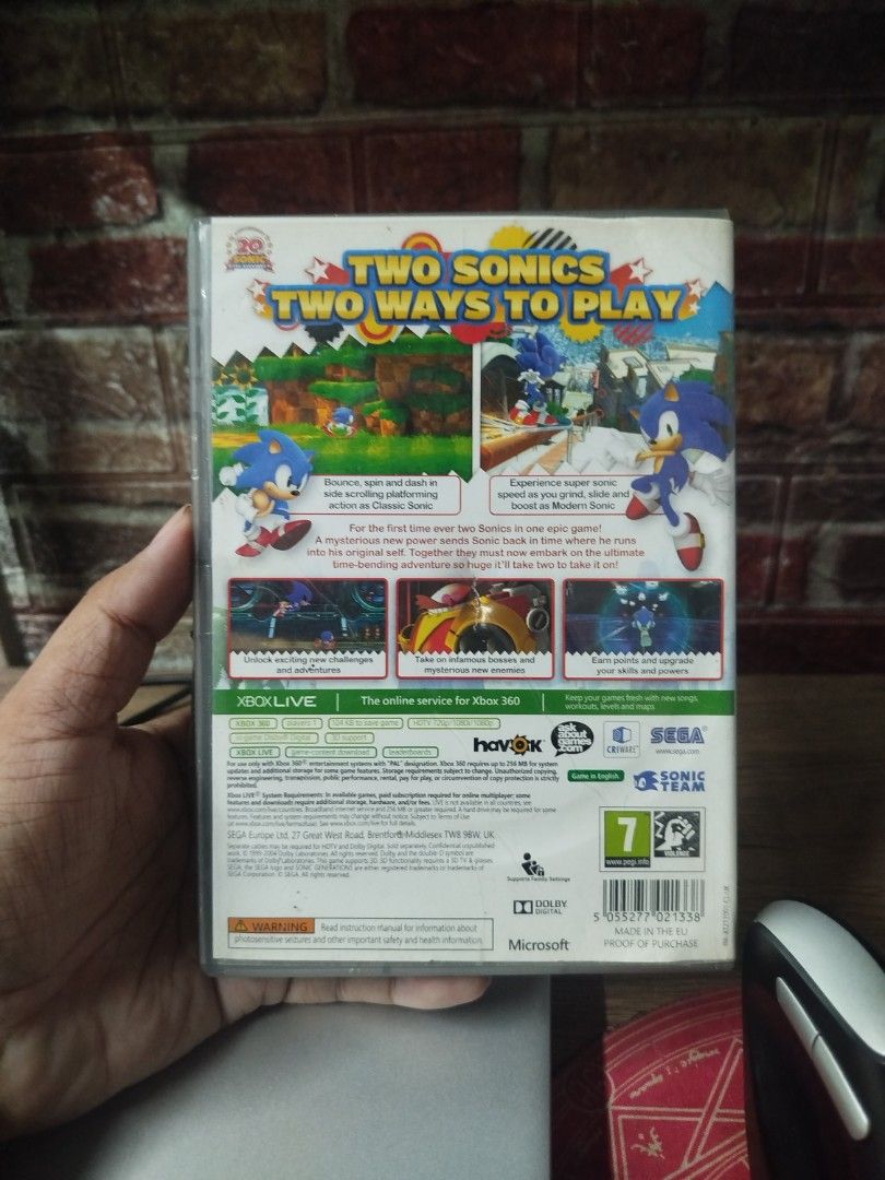 Sonic Generations Xbox 360 Classics PAL (Category: Xbox) located in Binan City. Submitted by pumpkiiin02 (Listing ID 1467040842, Image 2). Description: - Platform: Xbox 360 - Title: Sonic Generations (Classics Edition, PAL) - Condition: Disc is clean and works perfectly; case has minor edge wear - Inclusions: Original case with cover art, game disc, and instruction booklet.