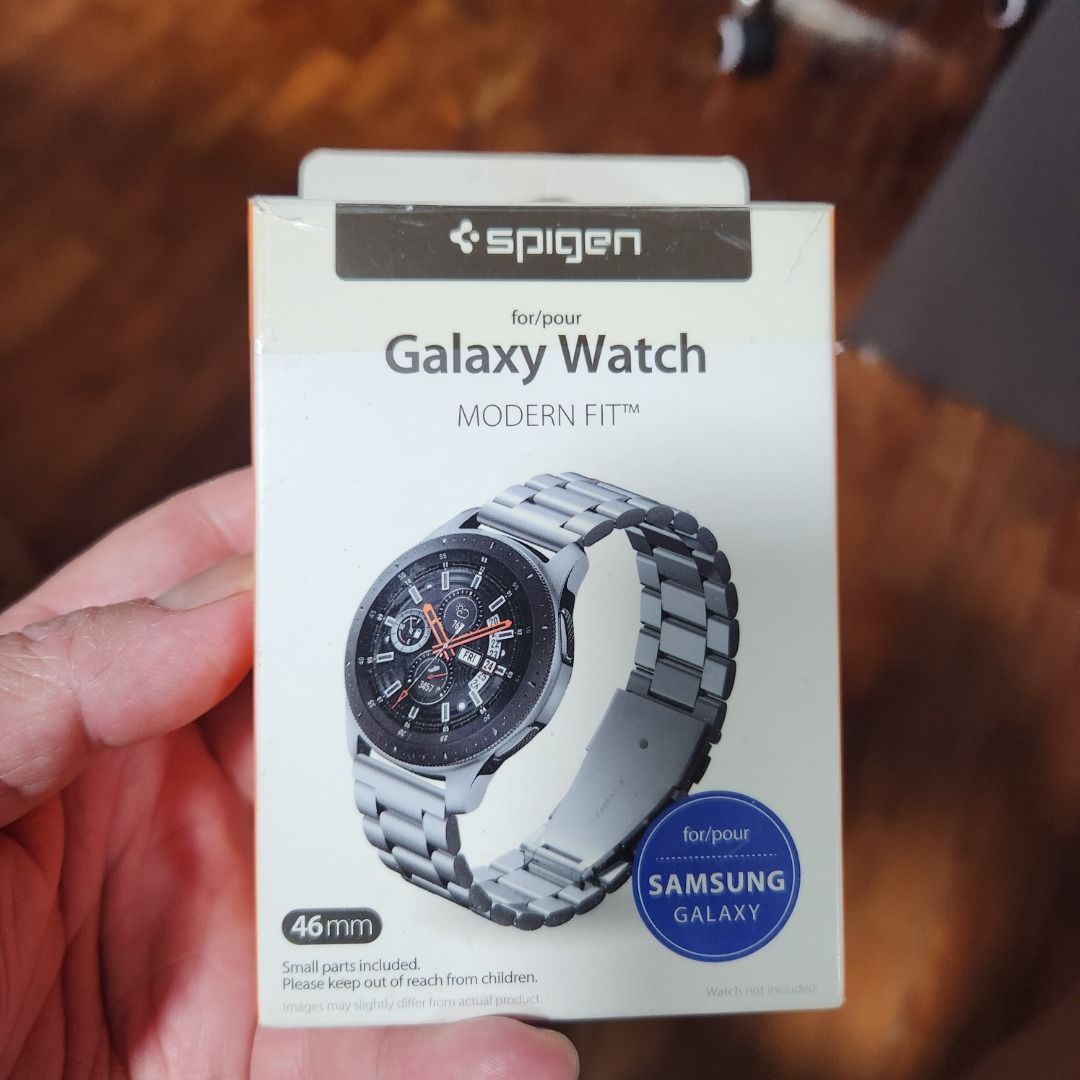 Spigen Samsung Galaxy Watch Strap 46mm (Category: Wearables & Smart Watches) located in Mandaluyong City. Submitted by monty1958 (Listing ID 1467121424, Image 1). Description: - Brand: Spigen Modern Fit - Compatibility: Samsung Galaxy Watch 46mm, Fossil Automatic Watches, Others - Material: Premium metal link bracelet (Silver) - Bonus: Additional classic black leather watch strap included - Inclusions: Link adjustment tool and original box - Cond