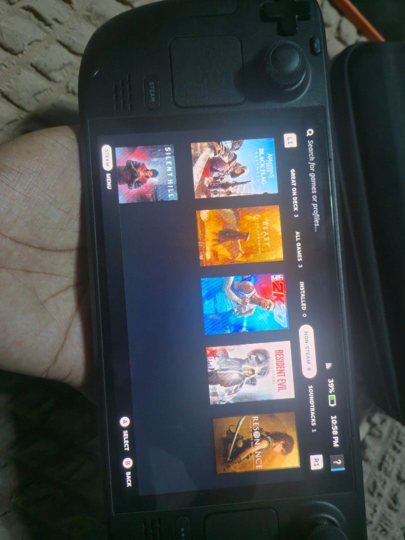 Steam Deck oled 512gb With games (Category: PlayStation) located in San Juan City. Submitted by lukapukus (Listing ID 1467131159, Image 3). Description: For sale only pass po sa swap Price 32k Steam deck oled 512gb tangal lang rubber left analog not afecting performance (free analog cap) Tempered glass install day one BATTERY HEALTH 96% Unit Charger Pouch Dock Analog cap Nonsteam games install Nba 2k27 Assassins creed blackflag resynced Silent hi
