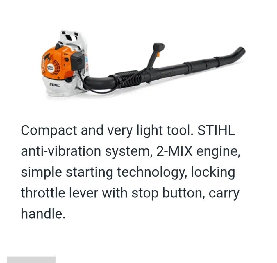 STIHL BR 200 Backpack Leaf Blower (Category: Grass Mowers & Trimmers) located in Marikina City. Submitted by boysel (Listing ID 1467167829, Image 2). Description: - Brand/Model: STIHL BR 200 backpack leaf blower - Engine: Powerful and efficient 2-MIX engine - Comfort: Lightweight design with an anti-vibration system and padded back support - Condition: Clean orange and white housing - Inclusions: Full blower tube setup and adjustable harness stra