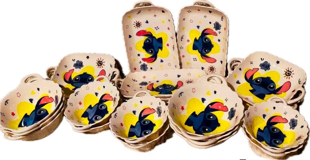 Stitch Dinnerware Set Bowls and Plates Disney (Category: Dinnerware & Cutlery) located in Paranaque City. Submitted by allisberry (Listing ID 1467080907, Image 1). Description: - Official Disney Stitch themed dinnerware set - Includes bowls, small trays, and large trays - Cream background with vibrant blue Stitch graphics, yellow stars, and doodles - Made from durable, high-quality material - Features stylish scalloped edges and convenient handle