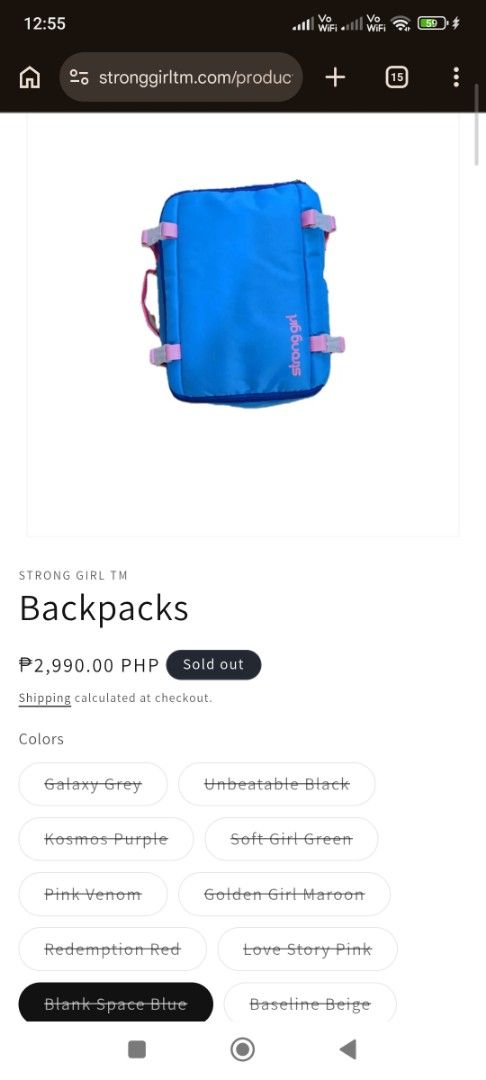 Strong Girl TM Backpack Blank Space Blue 19L (Category: Backpacks) located in Manila. Submitted by erikajuriel (Listing ID 1467090929, Image 1). Description: Strong Girl travel backpack in Blank Space Blue with pink straps. Measures 11.5x15x5.5 inches, holds 19 liters. Fully lined interior with 4 inner pockets and a secure zipper pocket. Has a luggage strap, top pocket, and tumbler pocket fitting up to 32 oz. Water resistant material, sand proof,