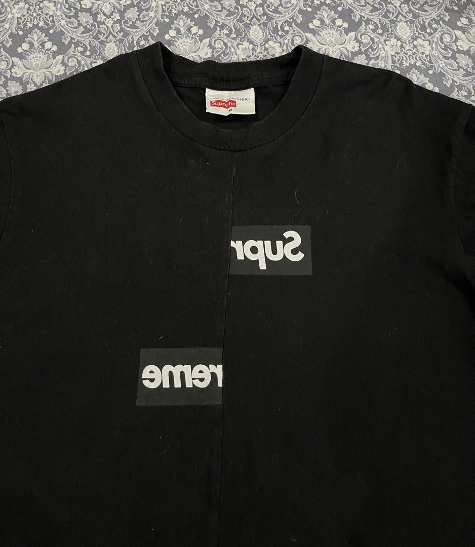Supreme x Comme des Garcons SHIRT Split Box Logo Tee (Category: Tshirts & Polo Shirts ) located in Batangas. Submitted by gavsandrix (Listing ID 1467097243, Image 2). Description: - Brand: Supreme x Comme des Garçons SHIRT - Item: Split Box Logo Short Sleeve T-Shirt - Color: Black - Size: Medium - Details: Standard crew neckline, 100% cotton fabric - Condition/Tags: Includes collar tag and Portugal manufacturing tag - Mode of transaction: Shippin