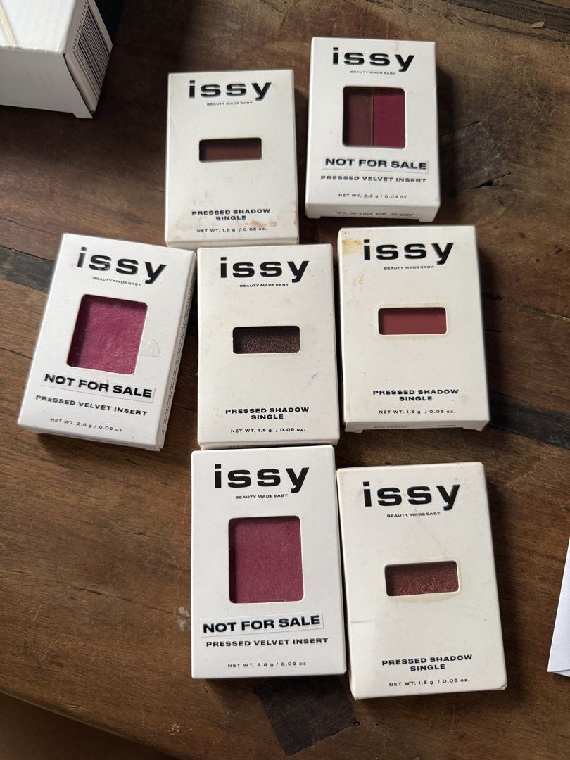 TAKE ALL Issy Pressed Shadow Single and Velvet Insert Makeup Palette (Category: Makeup) located in Marikina City. Submitted by yazdeclutters (Listing ID 1467008579, Image 1). Description: - Swatched only - Authentic Issy eyeshadow singles and pressed velvet inserts - Assorted wearable shades: pinks, browns, and nudes - Brand new items in original paper packaging - Take all.
