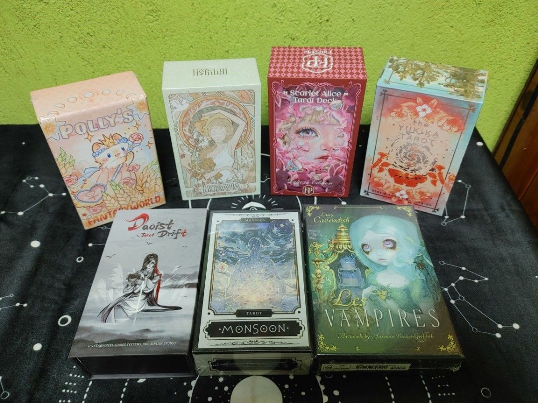Tarot, Lenormand and Oracle Card Decks (Category: Storybooks) located in Cavite. Submitted by adrienne_garcia (Listing ID 1467135334, Image 2). Description: Tarot and Oracle decks for sale Special discount to old buyers 💜 Sealed: ❀ The Yukika Tarot (pink rainbow edge): 4500 ❀ Polly's fantasy world v3 (pink rainbow edge and holographic cards): 3500 ❀ Women of the Myth: 1500 ❀ 霧影紗雷諾曼 Lenormand: 1400 ❀ Monsoon collectors edition + table cloth (silv