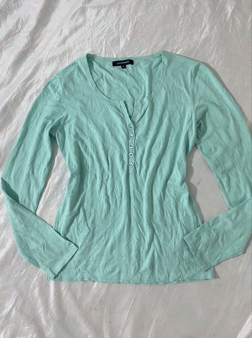 TEAL TOPS SOLD AS SET (Category: Blouses) located in Baguio. Submitted by sollunathrift13 (Listing ID 1466988524, Image 2). Description: S-L best fit for M Item 1: Mint Green Long-Sleeve Henley Top Color: Light mint green / seafoam green Style: Long-sleeve Henley tee / fitted scoop neck top Neckline: Scoop neck with a partial button placket (5 small white/light buttons) Sleeves: Full-length sleeves Fit: Slim / body-con fit with light stretch fabr