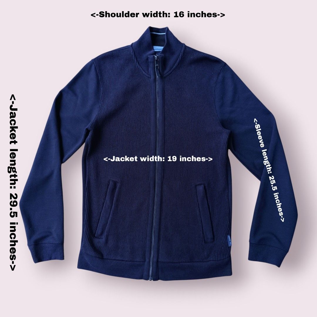 Ted Baker Navy Blue Ribbed Design Full Zip Jacket (Category: Coats, Jackets and Outerwear) located in Bacoor. Submitted by nineties_kid (Listing ID 1467057002, Image 1). Description: >====> Ted Baker Navy Blue Ribbed Design Full Zip Jacket Size: Small Shoulder width: 16 inches Sleeve length: 25.5 inches Jacket width: 19 inches (Armpit-Armpit) Jacket length: 29.5 inches _________________________ -Modes Of Delivery: J&T/Lalamove/ LBC (Cash on Pick-