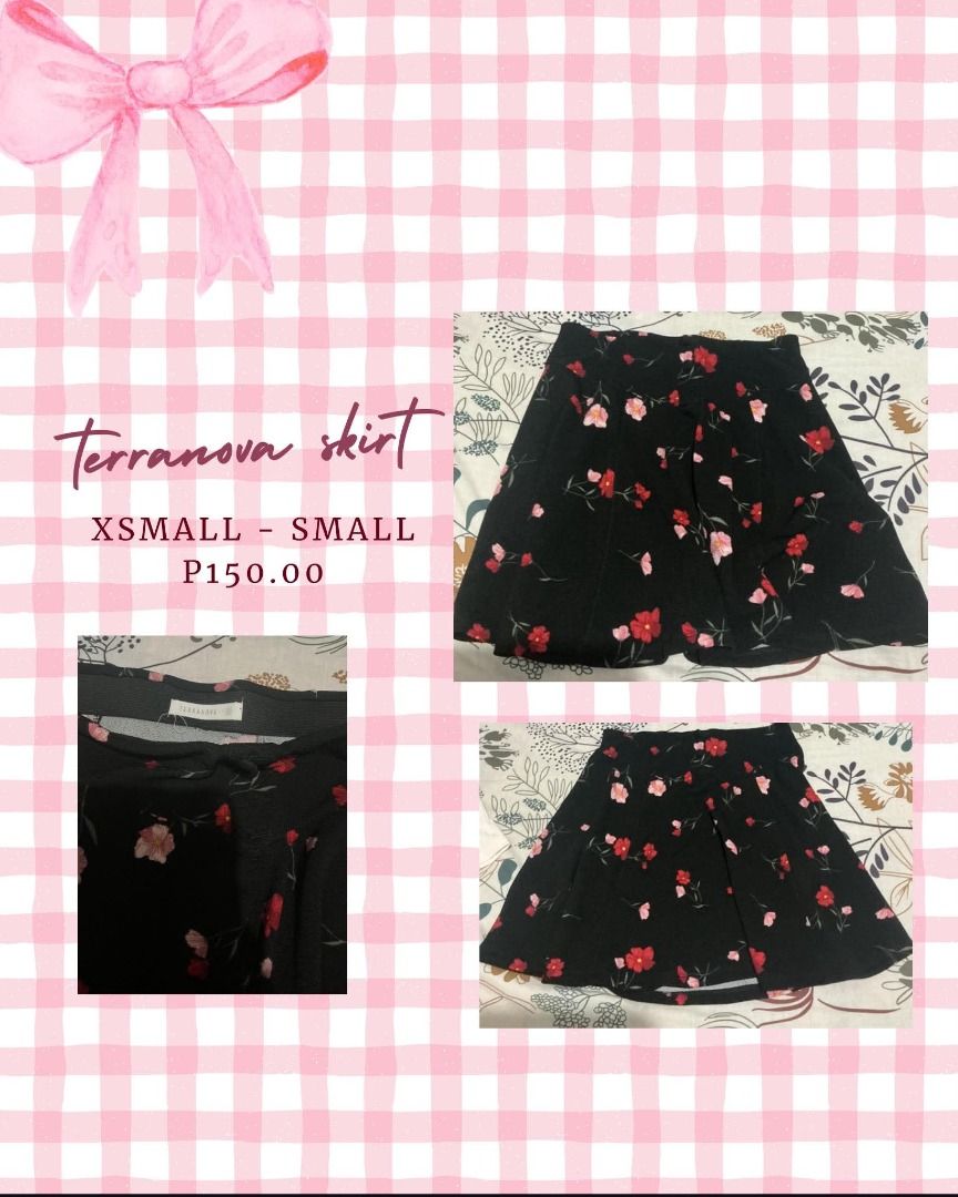 Terranova Skirt XSmall Small (Category: Skirts) located in Caloocan City. Submitted by lovedbyavi (Listing ID 1467093627, Image 1). Description: - Brand: Terranova - Design: Black skirt with red and pink floral print - Cut: Flare style - Size: Fits Extra Small to Small - Condition: Brand tag attached - Styling: Easy to pair with basic tops.