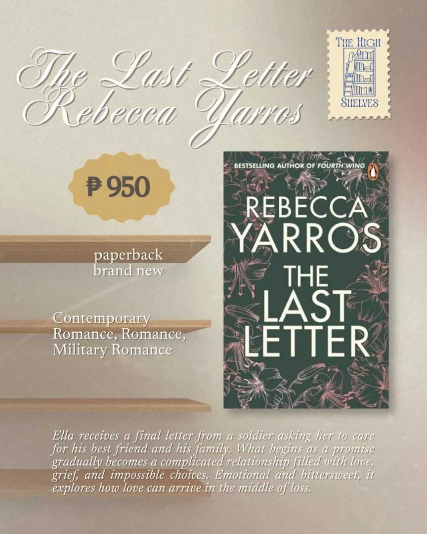 The Last Letter Rebecca Yarros (Category: Storybooks) located in Marikina City. Submitted by the.highshelves (Listing ID 1466986921, Image 1). Description: ✨ AUTHENTIC BOOKS ONLY! Every book is carefully sourced and selected with fellow readers in mind. PACKED WITH LITTLE FREEBIES! you can also visit our ig acc! - @the.highshelves Interested in a book? 💬 Send us a message! Will send more actual pictures of the book if requested. Thank you for su