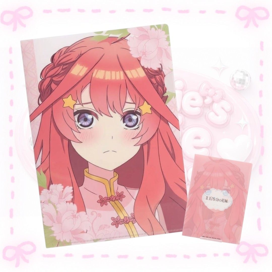 The Quintessential Quintuplets Itsuki Nakano Clear File Folder (Category: Stationery & School Supplies) located in Sorsogon. Submitted by mitchelle0425 (Listing ID 1467138725, Image 1). Description: - Character: Itsuki Nakano from The Quintessential Quintuplets - Item: Official anime clear file folder (Standard A4 size) - Design: Pink theme with floral details and her signature star hairclips; double-sided print - Condition: Pristine, clean surfa