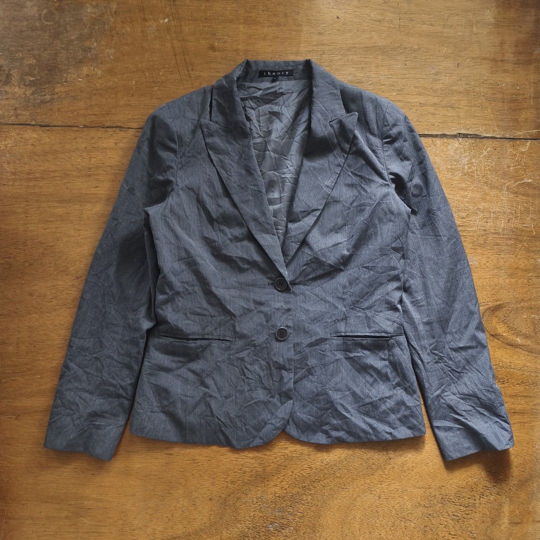 Theory Japan Blazer (Category: Luxury Apparel) located in Tayabas. Submitted by cat.b0i (Listing ID 1467088878, Image 1). Description: Size on tag: 8 Fitting: Men - M Women - M ‎Length: 24 ‎Width: bust 18.5, waist 16.5 ‎Shoulder: 15 ‎Arm Space: 8.5 ‎Sleeve Length: 24 ‎ ‎Color: Dark blue with oatmeal grey accents Color Rate: 9.2 ‎Material: 95% cotton, 4% Polyamide, 1% elastane properties: ‎Issues: needs wash ‎Condition: excellent.