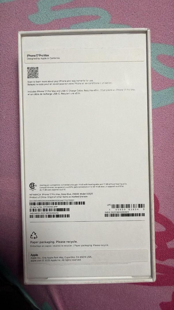 Title: Iphone 17 Pro Max 256GB Deep Blue (Category: iPhone 17 Series) located in Manila. Submitted by maczhaine (Listing ID 1467162864, Image 3). Description: Iphone 17 Pro Max 256GB- Deep Blue/ Like New Selling my Apple Iphone 17 Pro Max 256GB Deep Blue Details: Storage: 256GB Color: Deep Blue Condition: Like New Battery Health: 100% Carrier Lock: No Sim restrictions (unlocked) Complete with original box and accessories Purchased in Canada Sept 
