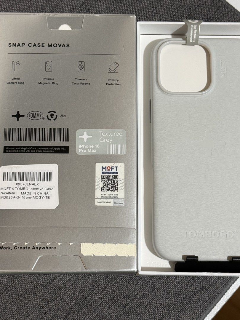 Tombogo x MOFT Snap Case MOVAS – iPhone 16 Pro Max (Category: Cases & Sleeves) located in Manila. Submitted by itsmebrian1003 (Listing ID 1467089568, Image 2). Description: • Brand new / unused • Still in original packaging • Color: Textured Grey • Compatible with iPhone 16 Pro Max • MagSafe compatible • Clean and in excellent condition • Box opened only for checking and photos • Complete with original packaging RFS: Already have another case and